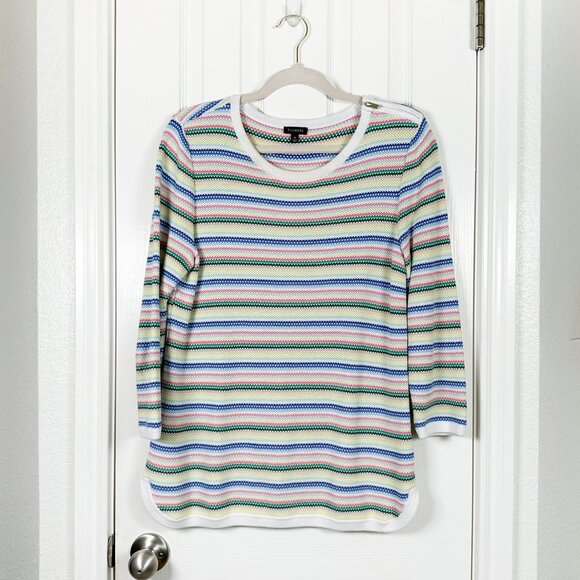 Talbots Size M White Colorful Stripe Sweater Zip Shoulder 3/4 Sleeve Pul… - Picture 1 of 7
